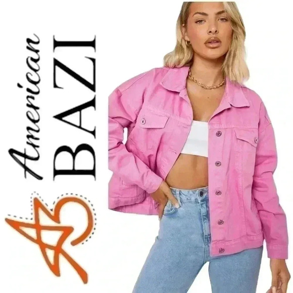 American Bazi Jackets & Blazers - American Bazi Hot Pink Distressed Denim Jean Jacket Oversized Barbie Size Small